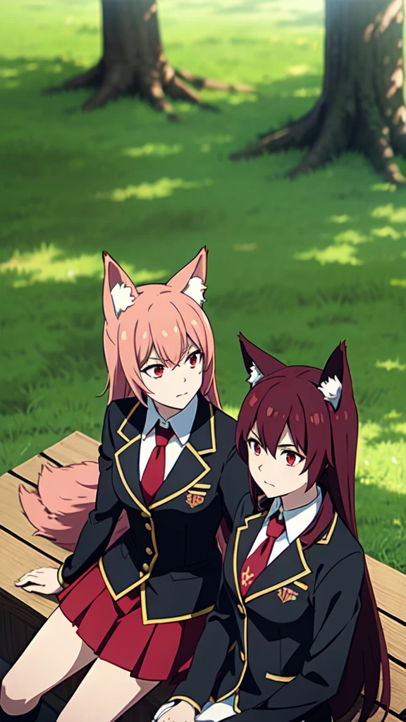 1girl ,20s,mature female,serious,red hair,red eyes,long hair,fox ears,necktie,black jacket, blazer,long sleeves,pleated skirt,sitting,university,(dappled sunlight:1.2),blurry,(depth of field:1.1),looking up,from above