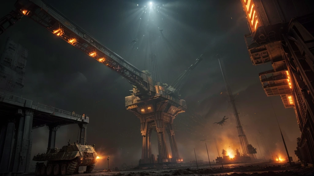 (((EATING A COMBAT MOLLE WITH CRANES ON A COMBAT BRIDGE ))), ((CARVED STEEL, IMPOSSIBLE), (FORCED PERSPECTIVE VIEW FROM BELOW OF Biomechanical ALIEN Creatures of Disgusting Alien Biology) biomechanical alien, unknown, extraterrestrial biology on unknown planet, HEAVY atmosphere with dust particles suspended in the air red - orange WITH SULFUR, (((cinematic lighting, VERY HIGH 4K RESOLUTION)))
