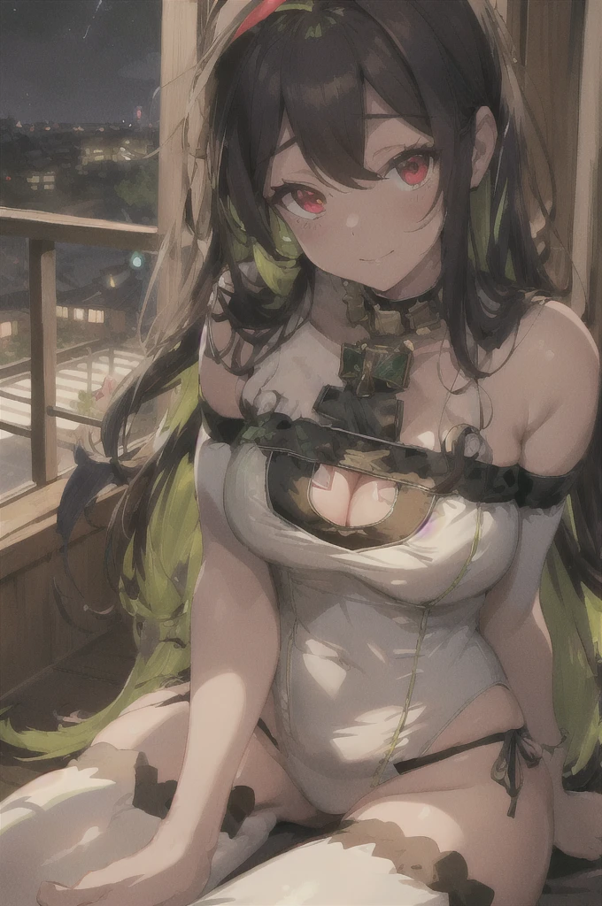 (best quality,8k,highres,masterpiece:1.2),ultra-detailed, solo, edgQuality, hourglass shaped girl, long hair, brown and green hair, (glowing eyes), (red eyes), white lingerie, legwear, arm sleeves, (wearing edgcatlingerie), cleavage cutout, (sitting, wariza), bedroom scene, seductive gaze, seductive smile, (soft lights, night scene),