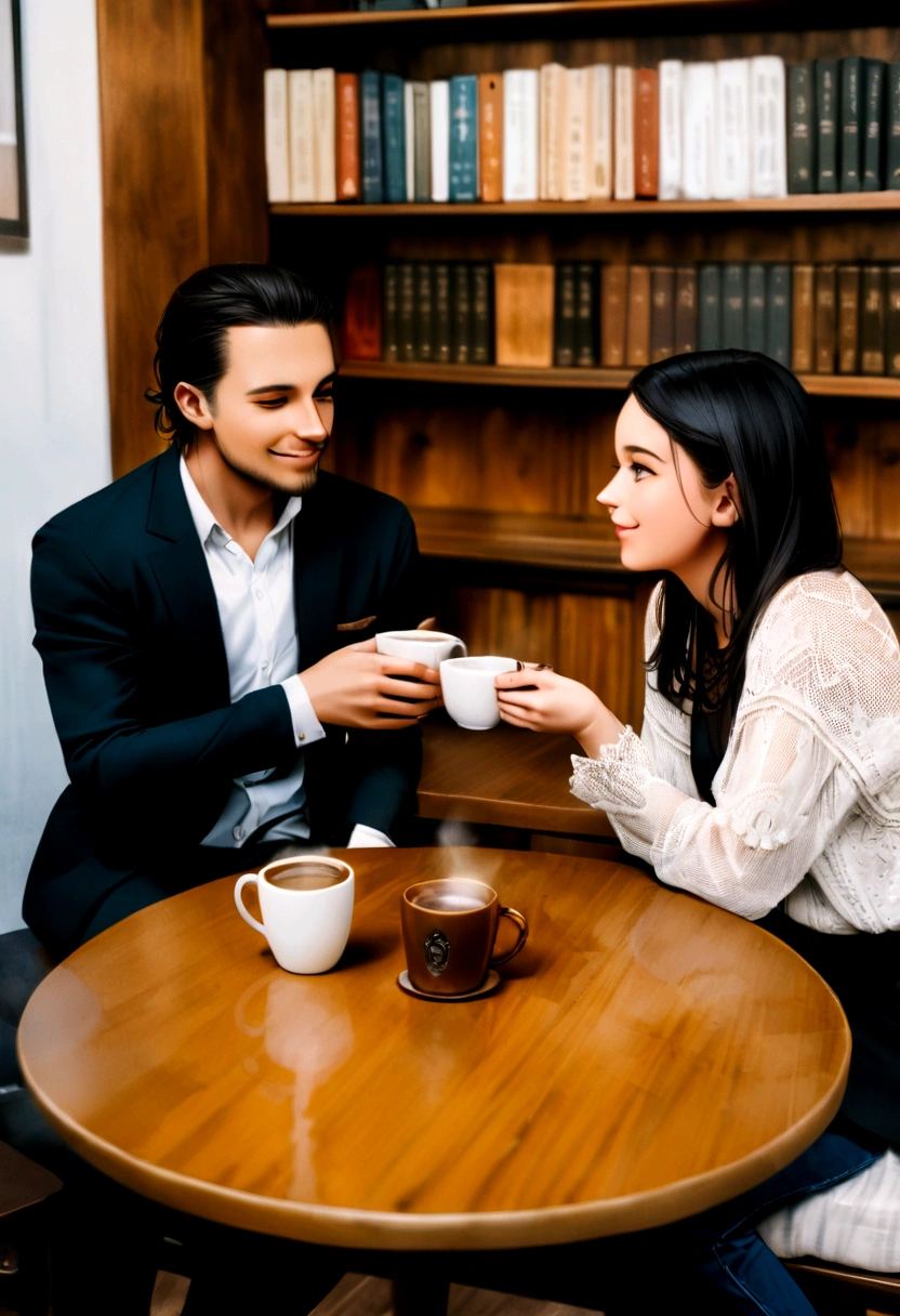 coffee in a quiet city. The walls are adorned with quotes from famous philosophers and books on philosophy are found on each table. Of friends, Ana and Carlos, They sit with cups of steaming coffee in front of them, engaged in a deep conversation.
