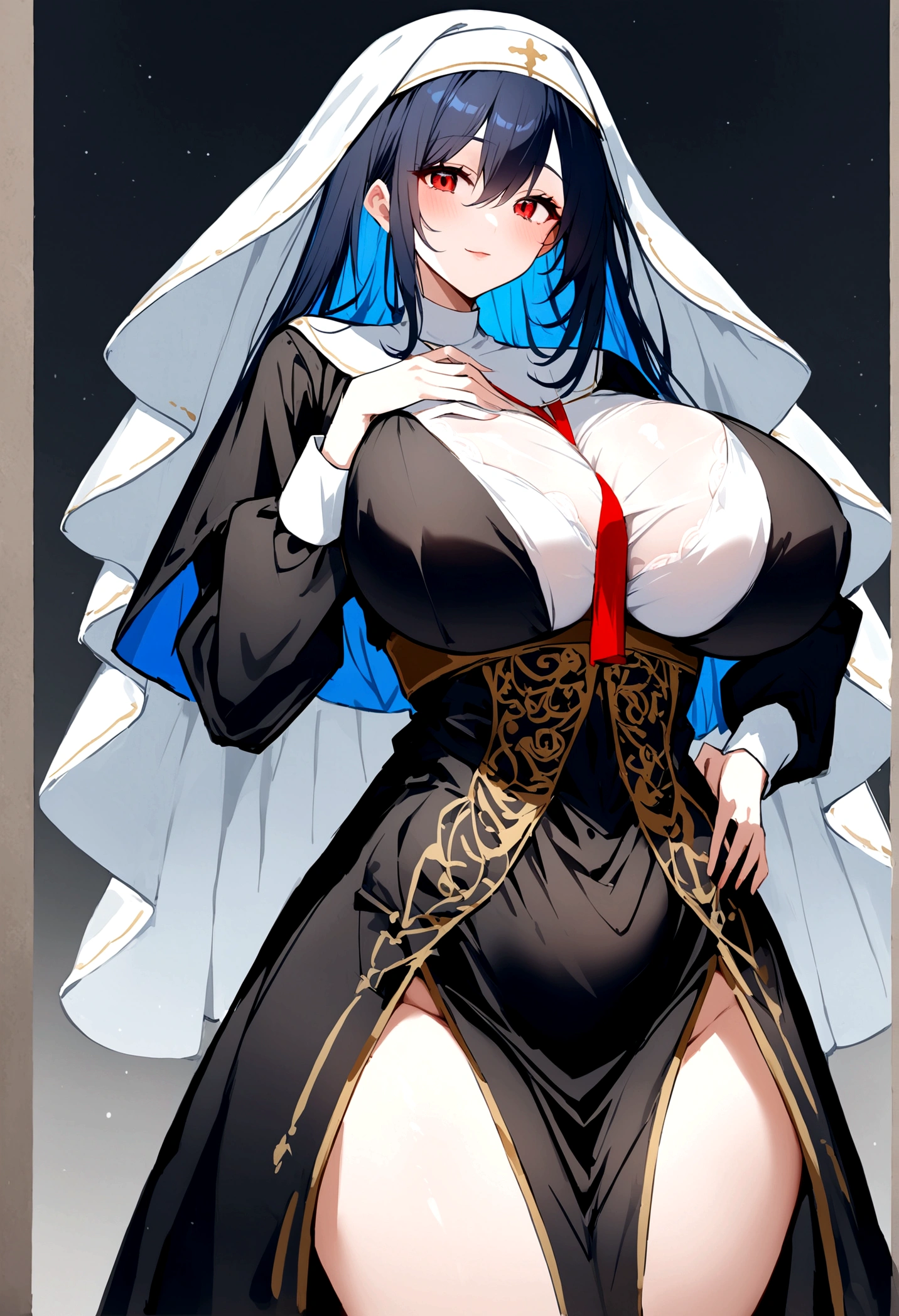 My name is Akari., I am a white test woman with long dark blue hair , red eyes and red . I am 1.62 cm tall and weigh 47 kg. My breasts measure 200 cm, my waist 50 cm and my hips 200 cm. dressed in a nun's dress and veil . With big breasts 200 cm