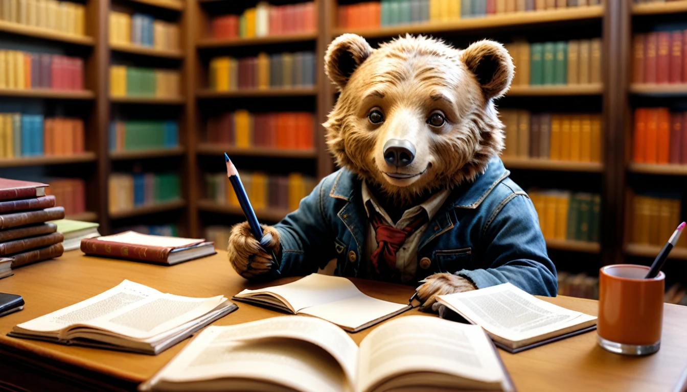 (photography film style), anthropomorphic, cute little bear, , library, studying, 2D, colorful, warm atmosphere, shiny, Jean-Baptiste Monge style, Alan Lee style