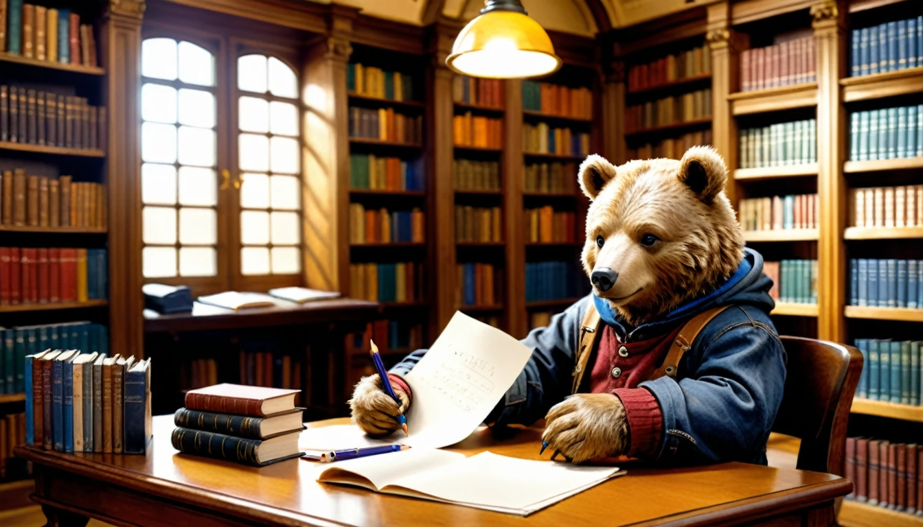 (photography film style), anthropomorphic, cute little bear, , library, studying, 2D, colorful, warm atmosphere, shiny, Jean-Baptiste Monge style, Alan Lee style