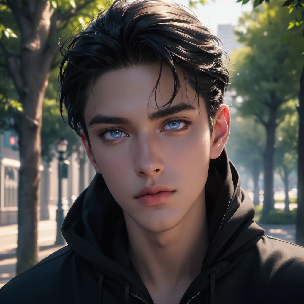 1 handsome man, mesmerizing eyes, hoodie outfit, City Park, (best quality,4k,8k,highres,masterpiece:1.2),ultra-detailed,(realistic,photorealistic,photo-realistic:1.37),beautiful detailed eyes,beautiful detailed lips,extremely detailed face,long eyelashes,portrait,cinematic lighting,vibrant colors,urban environment,lush greenery,dramatic shadows