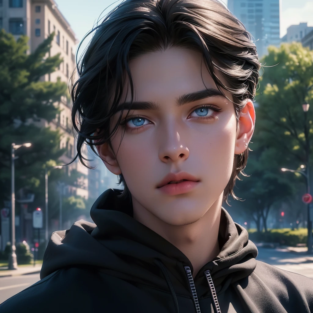 1 handsome man, mesmerizing eyes, hoodie outfit, City Park, (best quality,4k,8k,highres,masterpiece:1.2),ultra-detailed,(realistic,photorealistic,photo-realistic:1.37),beautiful detailed eyes,beautiful detailed lips,extremely detailed face,long eyelashes,portrait,cinematic lighting,vibrant colors,urban environment,lush greenery,dramatic shadows