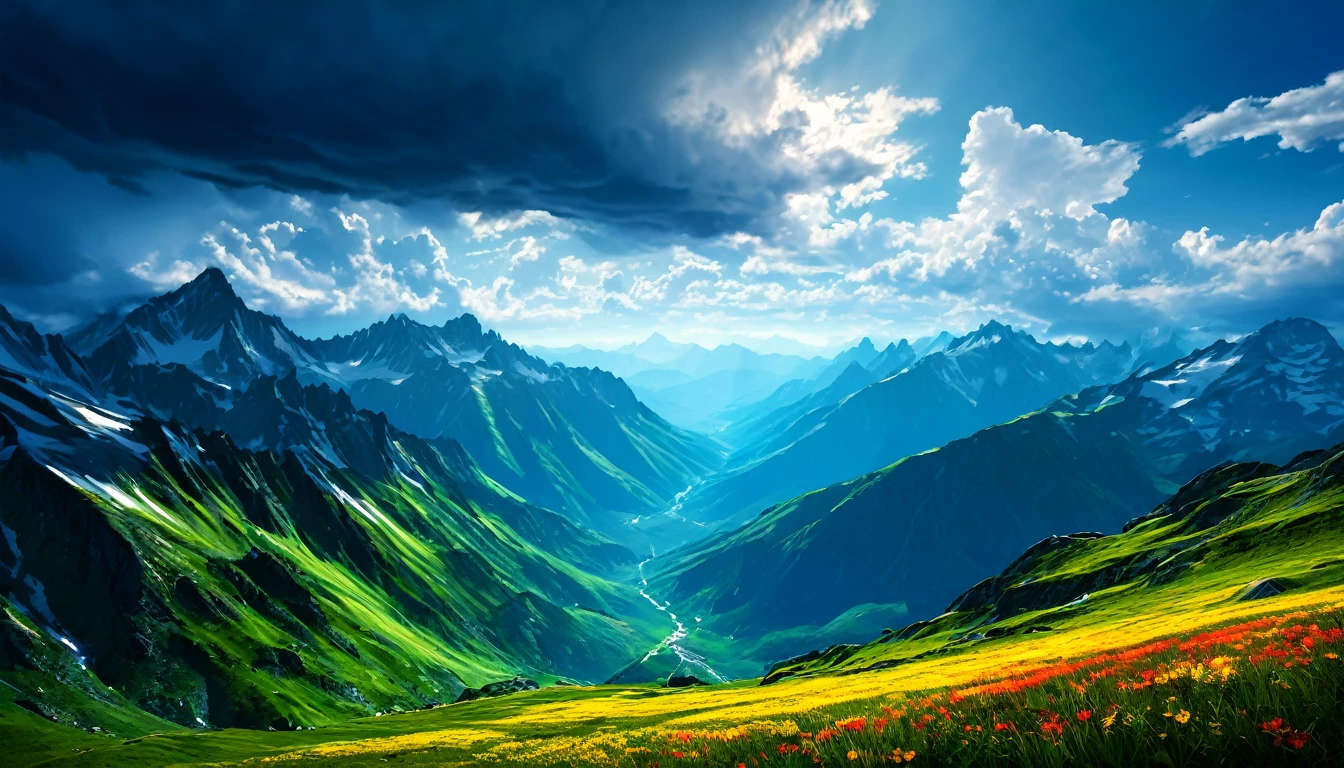 Summer sky,Realistic,Very realistic,Extreme Detail,Breathtakingly realistic,High contrast realism,High Saturation Realism,Vibrant colors,Dramatic lighting,Fascinating landscape,Persuasive storytelling,Atmospheric scenery,Captivating visuals,Intricate details,Strong emotions,Heavenly Beauty,A dreamlike world, colourful, mountains