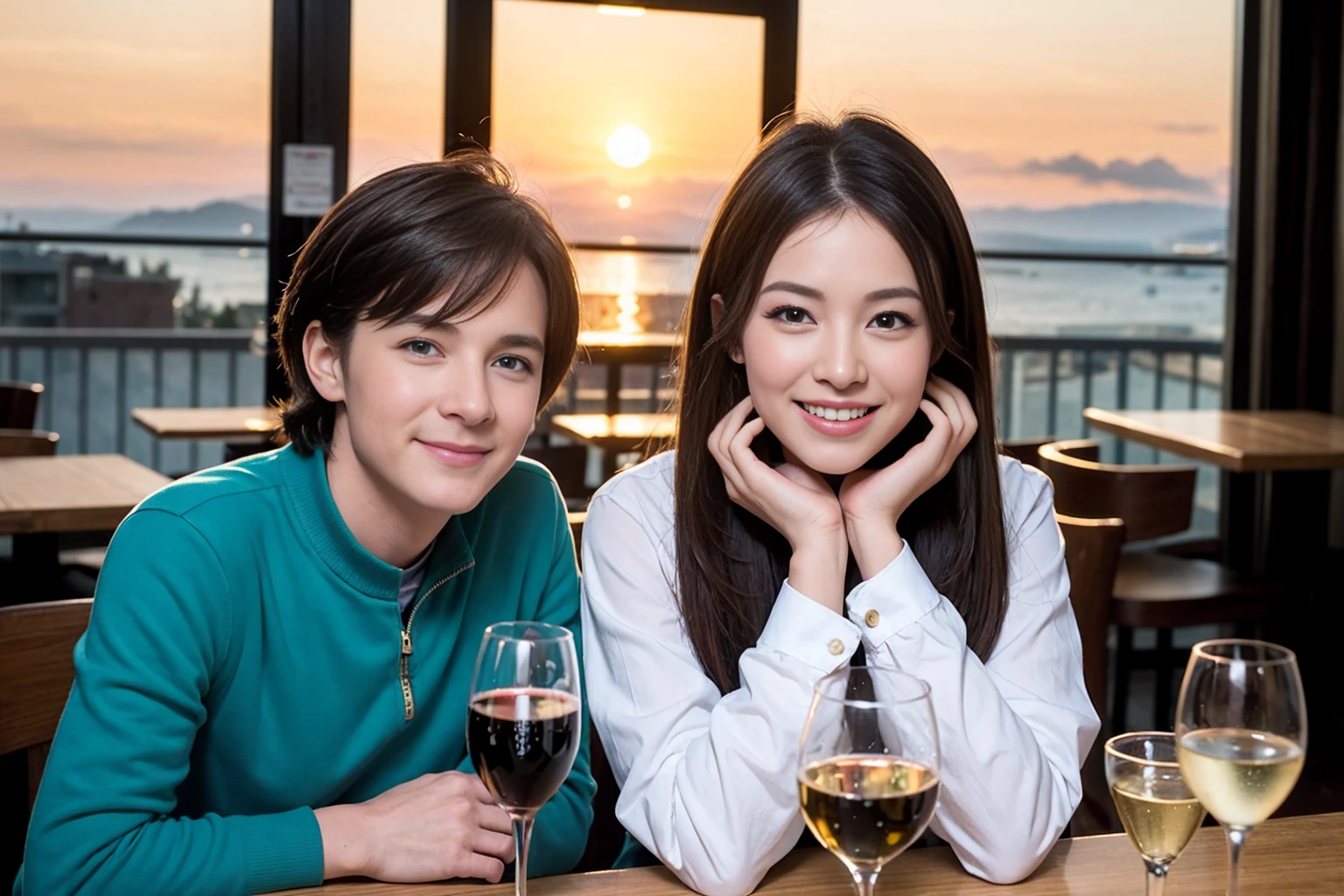 ((Highest quality、、masterpiece:1.3))、1 male 1 female、Berry Short、Slim lover、Beautiful couple、smile、full-course dinner、 (Slim face), (the body is スリム), (Brown Hair), (Shortcuts), ((Bob Hale、Straight hair:1.2)), テーブルの上のwine glass、Shine light on your face、 Amazing view of the sunset sky and clouds、smileの美しさ、Bright image、Blushing, Shortcuts, (43 years old), 39 years old, Appetizers、Italian food、Wine bottle、Champagne、sparkling wine、Long sleeve shirt、dress、Attractive beauty、restaurant, Nova Frog Style, actress, model, Upper Body, White wine, red wine, wine glass,