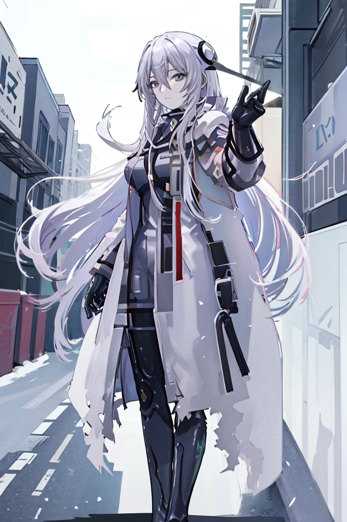 ((Pixiv)),(masterpiece_portrait),(Color Field),(Cyberpunk),(Full Metal Panic),(10s-anime-aesthetic), 1girl, light smile, curvy, large breasts, sharp face, spiked_hair, two-tone hair, white hair, gray hair, hair between eyes, very_long_hair, half closed eyes, sky blue eyes, Closed mouth, reaching out, cowboy shot, Standing, Clenched_hand, Black leotard, Over-kneehighs, White Overcoat, capelet, high_heel_boots