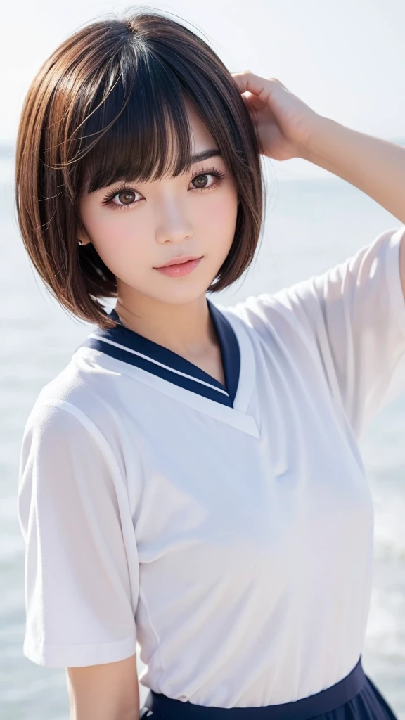 Please create an image that adheres to the following characteristics: - Short bob hairstyle - Short bangs on the forehead that expose the eyebrows - Asian features with wide, lively eyes - Natural make-up - Sailor uniform - Simple white background