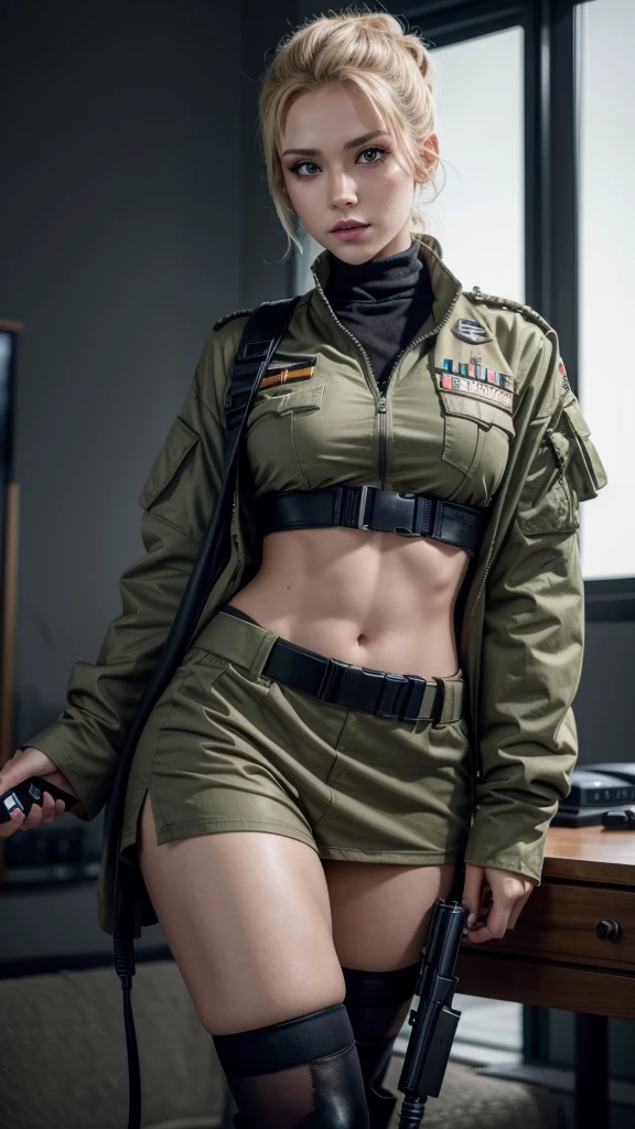 A sexy military dressed joben holding a controller in her left hand and a shotgun in her right