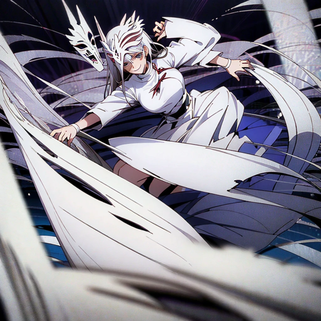 1 girl, dark white hair, villain, smile, psychopath, psychopath smirk, straight hair, (((noble cloth))), short skirt, white cloth, white poker mask, white tuxedo, masked, with mask on face