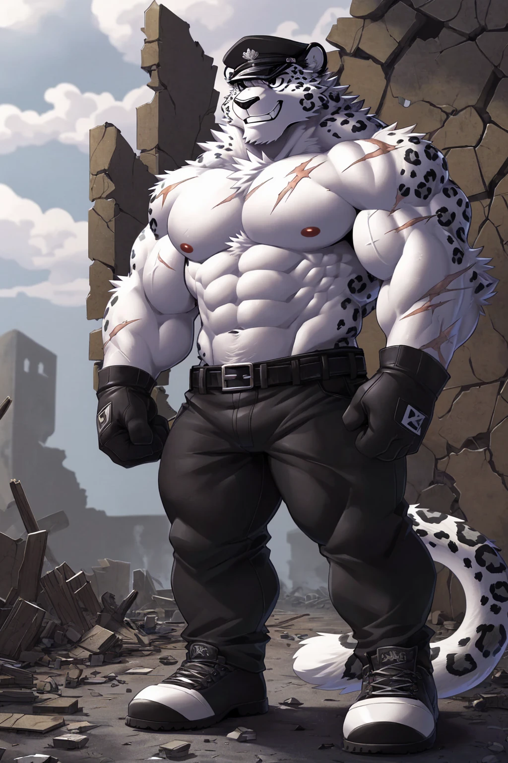 (sfw:1.5), male focus, soldier, Handsome 1boy, solitary，protrait photo, (Black thick eyebrows, Black nose:1.3)，single, White skin, (White tail:1.4), (Perfect black eyes:1.4), (White ears, White body:1.3),(White belly, White , White inner arm:1.3), (Black leopard spots:1.4), 
White Leopard, feet, lion, lion boy, lion body, (evil eyes, large eyes:1.4), (Leopard tail:1.4), (Chubby, The body is huge, Larger face:1.4), (Lots of scars, lots of scars, Lots of scars:1.4), 
(black military uniform:1.3), (black military uniform裤, military trousers:1.3), (Short-sleeved black uniform, Black gold uniform:1.4), (Wearing clothes:1.3), (Black gold belt:1.4) ,(black military cap:1.4), (black military shoes, Black short shoes:1.3), (Black watch:1.5), (short glove, Black gloves:1.4), 
(full body:1.3), (Mature men:1.4), (Strong body, Large size:1.4), (Strong body, muscle,Strong male, muscle男:1.4),   muscles, (Red :1.1), (Abdominal muscles:1.4), 的Abdominal muscles, belly button, (Thick arms, Strong and strong legs, Strong legs:1.4), (look up, Standing:1.3), (Looking at the audience, Focus, Eyes gaze:1.1), (arrogant, Disdain, conceited, despise, Contempt, despise, laugh at:1.4), (evil smile, evil grin, Smirk:1.4), 
full background, (ruins, , rubble, gravel, wood chips, Broken buildings, Gunsmoke:1.3), daytime, (Gray sky, cloudy day, dark clouds:1.2), 
Mysterious and romantic atmosphere, Caustic lines(refraction, polarization)Perfect anatomical structure, absurd, Detailed background, (Delicate eyes:1.3),Printing style。((artist:Takemoto Arashi))