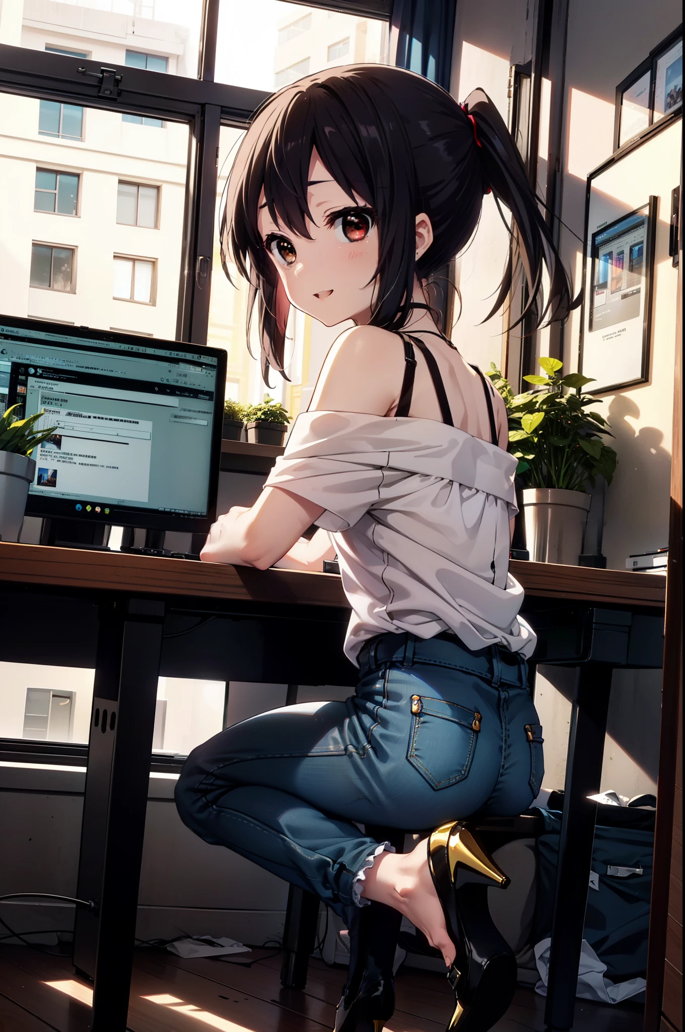 meet, Azusa Nakano, Black Hair, (Brown eyes:1.5), Long Hair, ponytail,Cold shoulder tops,Short sleeve,Skinny jeans,Stiletto heels,happy smile, smile, Open your mouth,interior,There is a computer on the table,Walking,So that the whole body goes into the illustration,昼間
break indoors, office,
break looking at viewer,
break (masterpiece:1.2), Highest quality, High resolution, unity 8k wallpaper, (figure:0.8), (Beautiful attention to detail:1.6), Highly detailed face, Perfect lighting, Highly detailed CG, (Perfect hands, Perfect Anatomy),