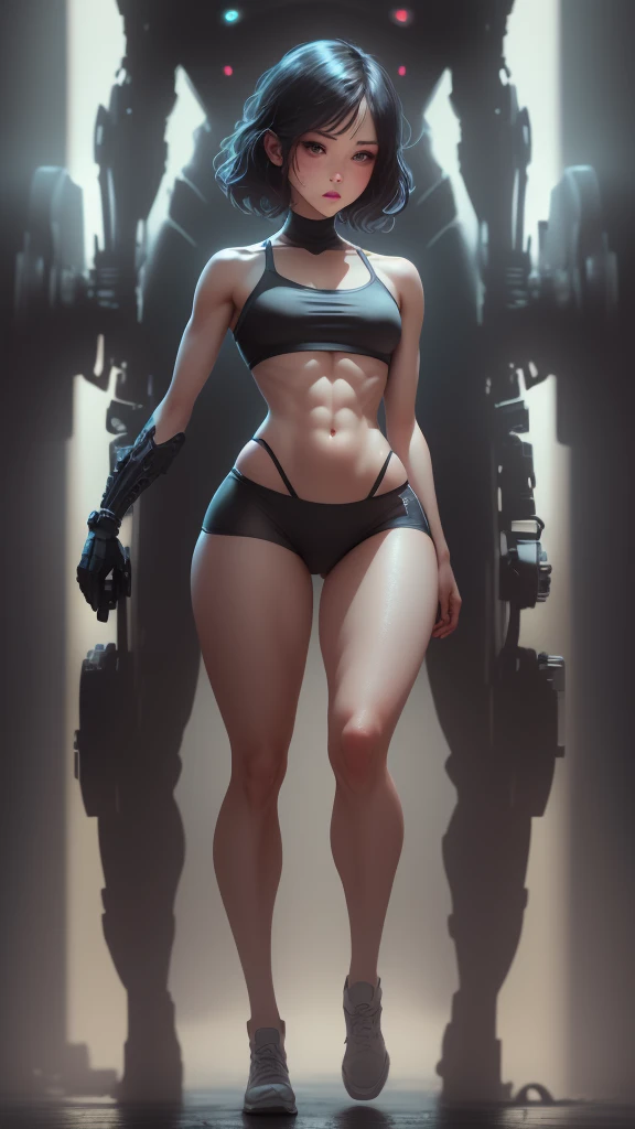 (((Defined women's body))), (((thick thighs))), Cybernetic body parts, (((short underwear))), (((ultra detailed skin))), (((small waist) ), (((defined abdomen))), (((full body))), (((fit body))),
