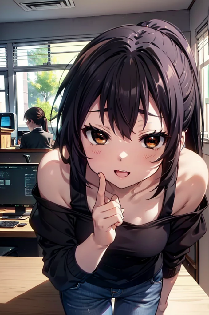 meet, Azusa Nakano, Black Hair, (Brown eyes:1.5), Long Hair, ponytail,Cold shoulder tops,Short sleeve,Skinny jeans,Stiletto heels,happy smile, smile, Open your mouth,interior,There is a computer on the table,Walking,So that the whole body goes into the illustration,昼間
break indoors, office,
break looking at viewer,
break (masterpiece:1.2), Highest quality, High resolution, unity 8k wallpaper, (figure:0.8), (Beautiful attention to detail:1.6), Highly detailed face, Perfect lighting, Highly detailed CG, (Perfect hands, Perfect Anatomy),