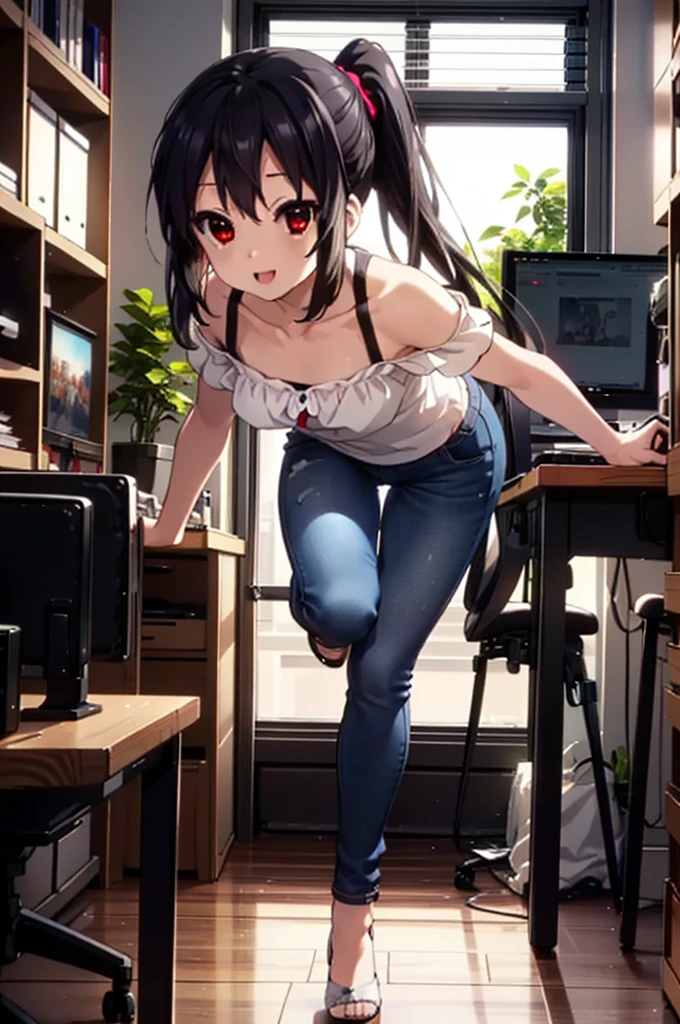 meet, Azusa Nakano, Black Hair, (Brown eyes:1.5), Long Hair, ponytail,Cold shoulder tops,Short sleeve,Skinny jeans,Stiletto heels,happy smile, smile, Open your mouth,interior,There is a computer on the table,Walking,So that the whole body goes into the illustration,昼間
break indoors, office,
break looking at viewer,
break (masterpiece:1.2), Highest quality, High resolution, unity 8k wallpaper, (figure:0.8), (Beautiful attention to detail:1.6), Highly detailed face, Perfect lighting, Highly detailed CG, (Perfect hands, Perfect Anatomy),