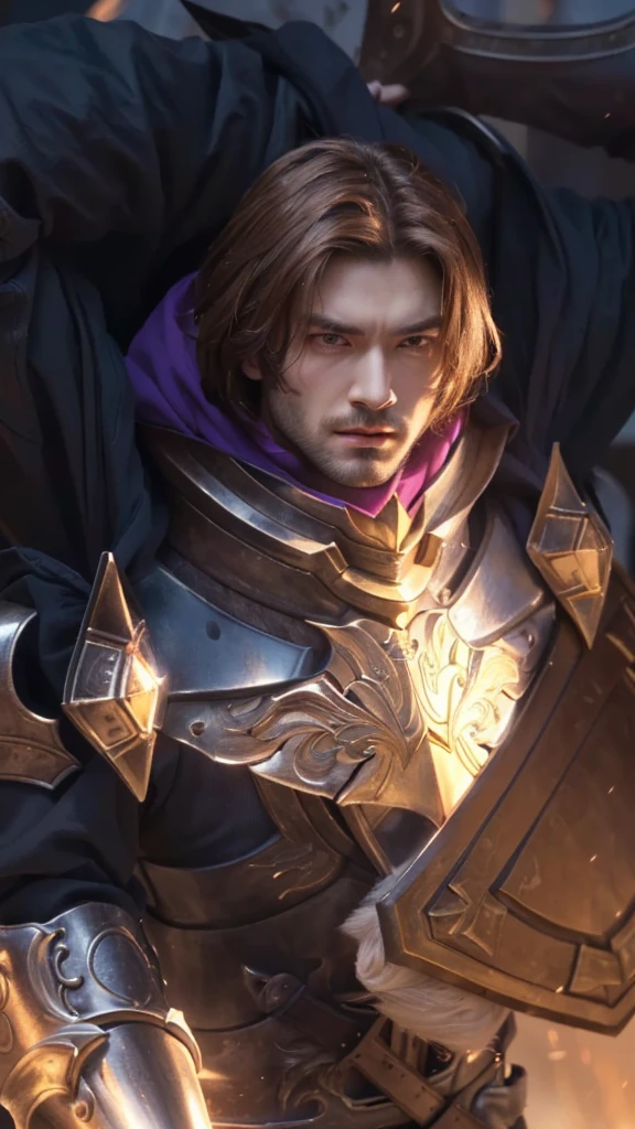 a man in armor holding a sword and shield, male paladin, human male paladin, arsen lupin as paladin, highly detailed, hyperrealistic, masterpiece, 8k, cinematic lighting, chiaroscuro, dramatic, intricate armor details, powerful stance, determined expression, heroic, renaissance painting style