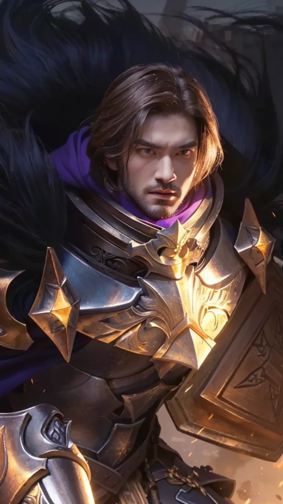 a man in armor holding a sword and shield, male paladin, human male paladin, arsen lupin as paladin, highly detailed, hyperrealistic, masterpiece, 8k, cinematic lighting, chiaroscuro, dramatic, intricate armor details, powerful stance, determined expression, heroic, renaissance painting style
