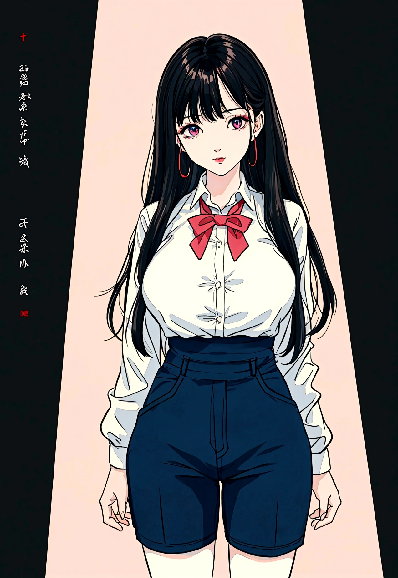 My name is Akari., I am a white test woman with long dark blue hair , red eyes and red . I am 1.62 cm tall and weigh 47 kg. My breasts measure 200 cm, my waist 50 cm and my hips 200 cm. Dressed in a tight, low-cut pink blouse along with short black shorts  . With big breasts 200 cm