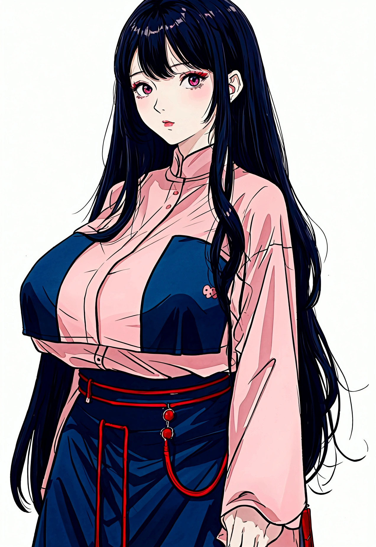 My name is Akari., I am a white test woman with long dark blue hair , red eyes and red . I am 1.62 cm tall and weigh 47 kg. My breasts measure 200 cm, my waist 50 cm and my hips 200 cm. Dressed in a tight, low-cut pink blouse along with short black shorts  . With big breasts 200 cm