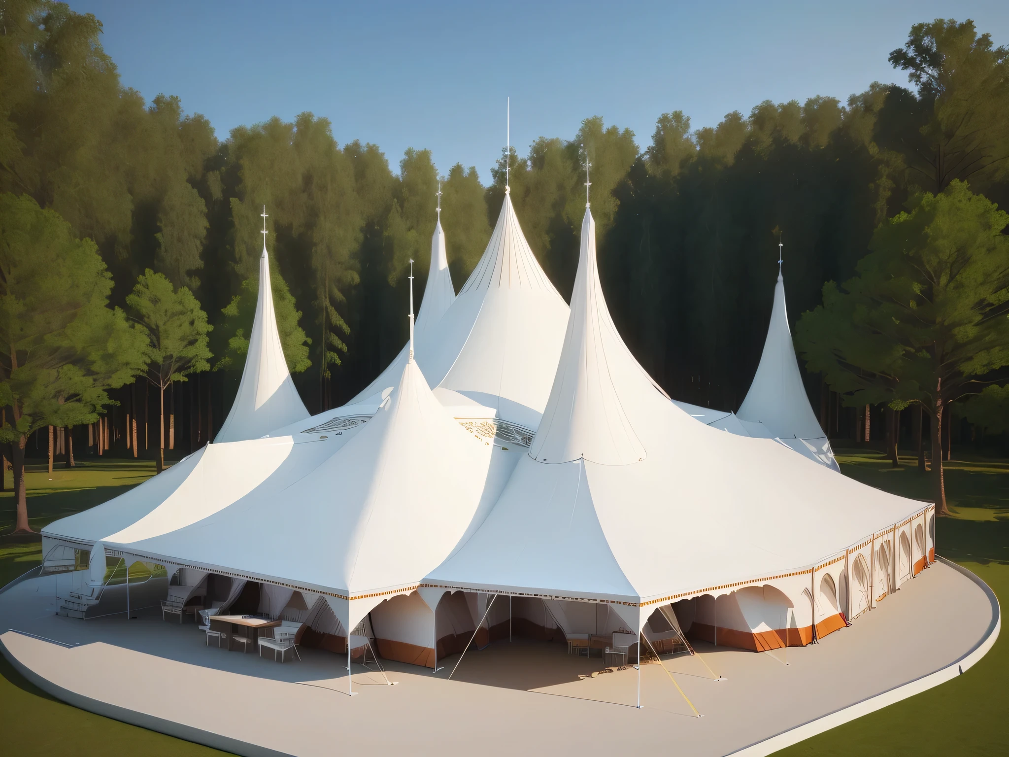 there is a large white tent with a lot of trees in the background, tent architecture, Covered outdoor stage, big top circus tent, tent, tents, an outdoor festival stage, Selection Box, Canopies, pavilion, Rendering illustration, depicted as a 3 d render, Grand design, Artist's Interpretation, drama, Awesome Award Winning, Sports Palace Amphitheater,Multiple cone tops
