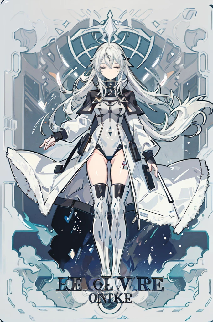 ((Pixiv)),(masterpiece_portrait),(Color Field),(Cyberpunk),(Full Metal Panic),(10s-anime-aesthetic), 1girl, light smile, curvy, large breasts, sharp face, spiked_hair, two-tone hair, white hair, gray hair, hair between eyes, very_long_hair, half closed eyes, sky blue eyes, Closed mouth, reaching out, cowboy shot, Standing, Clenched_hand, Black leotard, Over-kneehighs, White Overcoat, capelet, high_heel_boots