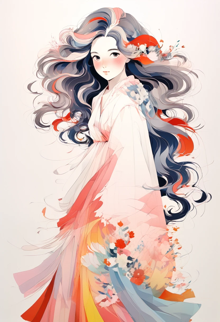 masterpiece, Negative Space, Multicolored background, White Background, One girl, dress, Floral print, Long Hair, Big Hair