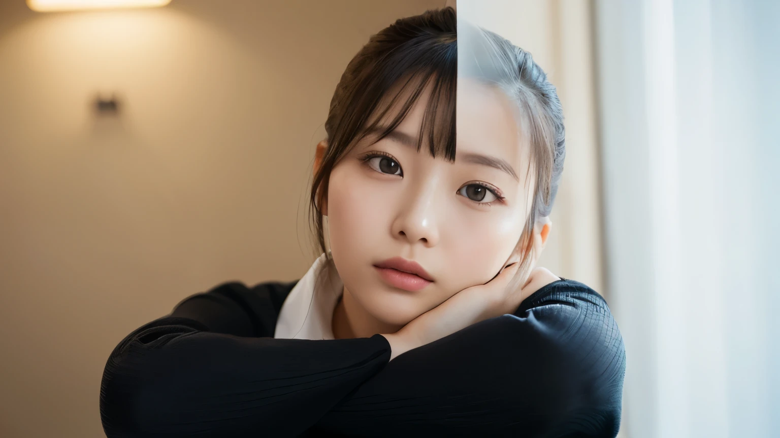 Best Quality, 8k, Masterpiece, (Portrait: 1.3), (photo realistic:1.4), (hyper realistic:1.4), Sharp Focus, looking at viewer, (smoother lighting:1.1), (increase cinematic lighting quality:0.9), realistic lighting, backlighting, light on face, ray trace, (brightening light:1.2), (Increase quality:1.4), sharp detail, (best quality real texture skin:1.4), finely detailed eyes, black_eyes, finely detailed face, 25 year old Korean woman, (white formal_shirt:1.4), (Create an image maintaining the orig