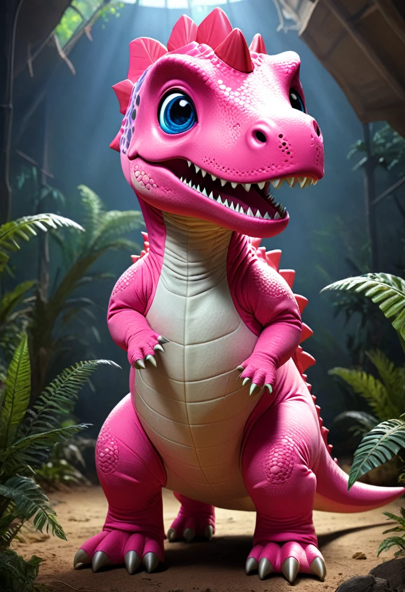 masterpiece,Highest quality,A  wearing a cute pink dinosaur costume is looking up at a dinosaur skeleton, whole body,