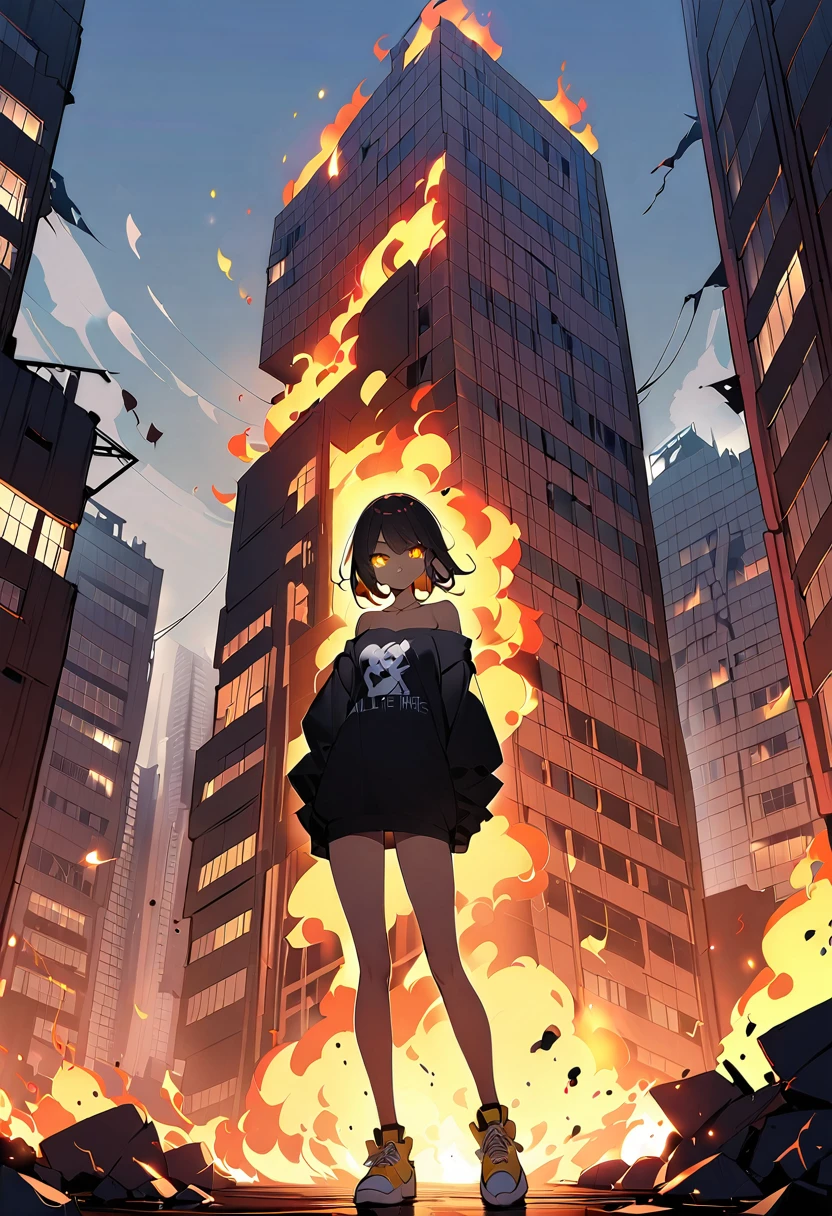 ((1 GIRL)) ((2d anime girl)), ((Japanese)) 18-year-old, ((2d anime girl)), ((dark-haired)), ((windswept hair)) ((ultra high quality)) ((4k UHD)) ((Best Quality)) ((Daytime)) ((yellow glowing eyes)), wearing a ((black long sleeve shoulderless T-shirt)) sweatshirt with the slogan (("Kaiju")) in white letters, wearing jeans and black and yellow sneakers with (((blood splattered))) on it and her face, standing in the street of a ((ruined city)) filled with ((heavily damaged)) and dilapidated (( tall skyscrapers with holes in them on fire)) and ((crushed vehicles on fire)) and small and ((raging fires all around)) and an ((angry)) ((Intimidating)) expression, standing on a giant monstrous footprint in the ground.