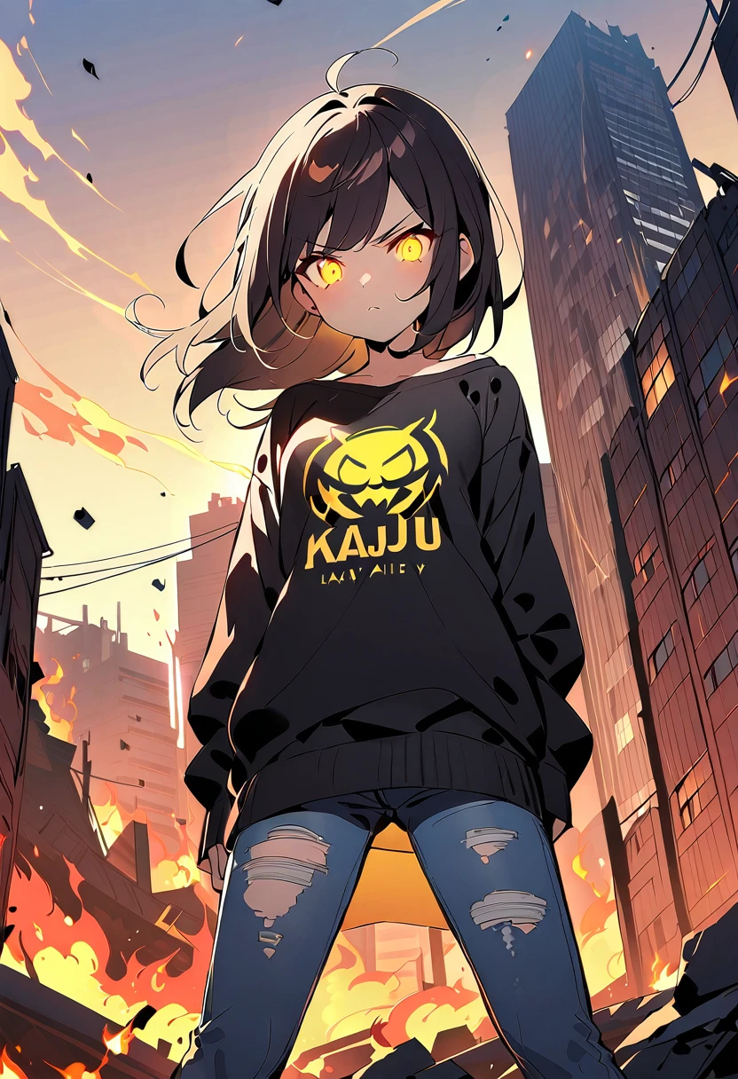 ((1 GIRL)) ((2d anime girl)), ((Japanese)) 18-year-old, ((2d anime girl)), ((dark-haired)), ((windswept hair)) ((ultra high quality)) ((4k UHD)) ((Best Quality)) ((Daytime)) ((yellow glowing eyes)), wearing a ((black long sleeve shoulderless T-shirt)) sweatshirt with the slogan (("Kaiju")) in white letters, wearing jeans and black and yellow sneakers with (((blood splattered))) on it and her face, standing in the street of a ((ruined city)) filled with ((heavily damaged)) and dilapidated (( tall skyscrapers with holes in them on fire)) and ((crushed vehicles on fire)) and small and ((raging fires all around)) and an ((angry)) ((Intimidating)) expression, standing on a giant monstrous footprint in the ground.