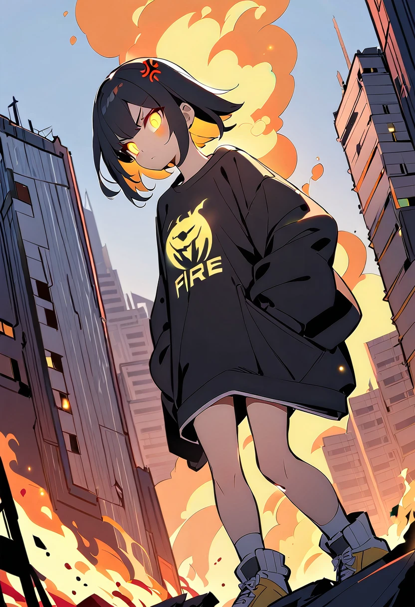 ((1 GIRL)) ((2d anime girl)), ((Japanese)) 18-year-old, ((2d anime girl)), ((dark-haired)), ((windswept hair)) ((ultra high quality)) ((4k UHD)) ((Best Quality)) ((Daytime)) ((yellow glowing eyes)), wearing a ((black long sleeve shoulderless T-shirt)) sweatshirt with the slogan (("Kaiju")) in white letters, wearing jeans and black and yellow sneakers with (((blood splattered))) on it and her face, standing in the street of a ((ruined city)) filled with ((heavily damaged)) and dilapidated (( tall skyscrapers with holes in them on fire)) and ((crushed vehicles on fire)) and small and ((raging fires all around)) and an ((angry)) ((Intimidating)) expression, standing on a giant monstrous footprint in the ground.