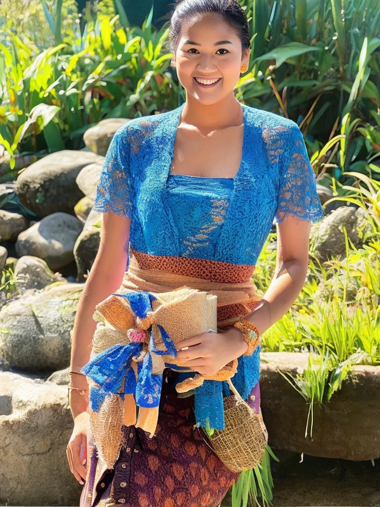 medium shot, Asian woman with a cheerful face, hair in a typical Javanese bun, wearing a blue Javanese kebaya, brown batik patterned sarong, in a fast-flowing rocky river, while carrying a brown basket full of fruit, a background of rocks, bamboo trees, bushes