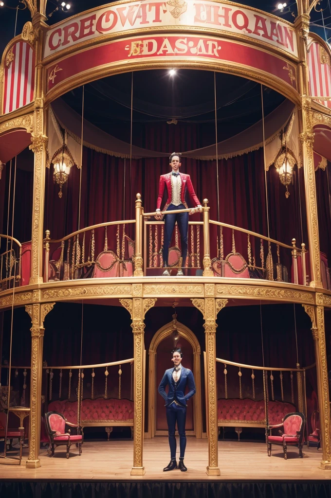 (best qualityer)), ((playset)), (detailded), Circus photo with a cabaretier in front and people from the circus behind, e com uma placa em cima escrito the greatest showman the musical