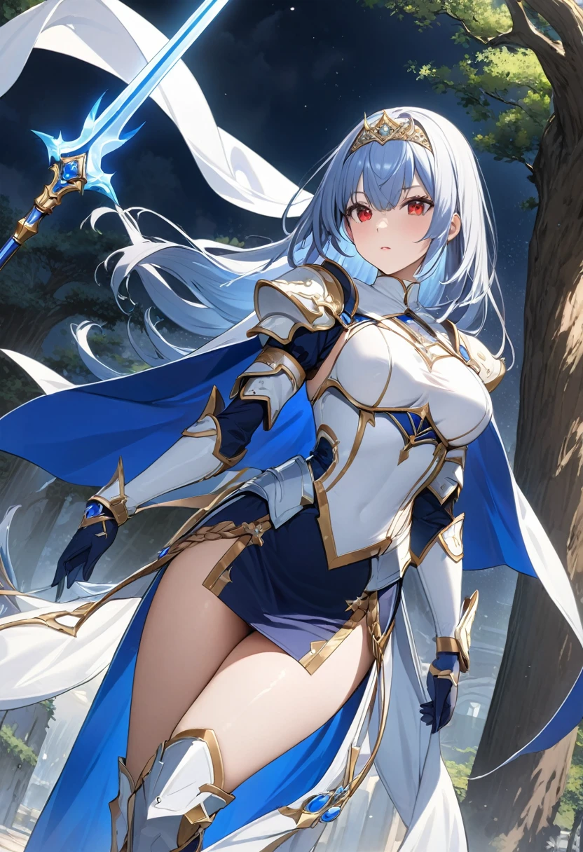 Highest quality、unity 8k wallpaper、32k、masterpiece、Very detailed、Ultra-high resolution、Very detailedな顔, RAW Photos, Professional, Ultra-fine painting、sinon、Midnight blue long straight hair、Platinum tiara with blue gemstones、Blue Nun Cape、Red Eyes、(Tree Eyes), Cool and sharp features, hime cut, 20~A female magical warrior, about 24 years old.、White and gold breastplate、Blue and white leotard、(((Blue and white gold-embellished long pencil skirt with side armor and long slits)))、Half puff sleeves with shoulder pads、A large white ribbon with a large sapphire on the chest、White and blue long gloves、(((White and blue thigh-high stiletto boots:1.0)))、whole body、He has a spear with a glowing blue blade,