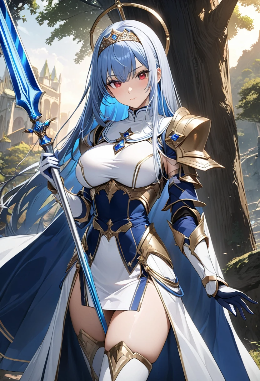 Highest quality、unity 8k wallpaper、32k、masterpiece、Very detailed、Ultra-high resolution、Very detailedな顔, RAW Photos, Professional, Ultra-fine painting, Midnight blue long straight hair、Platinum tiara with blue gemstones、White Nun Cape、Red Eyes、(Tree Eyes), Cool and sharp features, hime cut, 20~A female magical warrior, about 24 years old.、White and gold breastplate、Blue and white leotard、(((Blue and white gold-embellished pencil skirt with side armor and long slits)))、Half puff sleeves with shoulder pads、A large white ribbon with a large sapphire on the chest、White and blue long gloves、White and blue thigh-high stiletto boots、whole body、He has a spear with a glowing blue blade