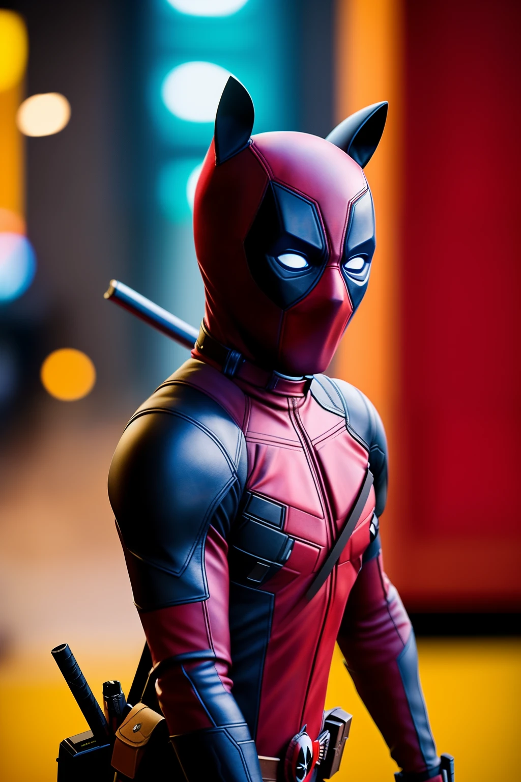 A masterful, high-quality portrayal of a Deadpool-style cat body, meticulously crafted with analog and cinematic elements, boasting a subtle film grain (1.3). The image, shot with a 24mm lens, features a captivating depth of field (Bokeh DOF), showcasing the cat's intricate details in a dramatic, cinematic fashion. The Deadpool-inspired details are accentuated, making this image a true masterpiece (1.3) and a testament to the best quality (1.2) and high-quality standards of its creation.