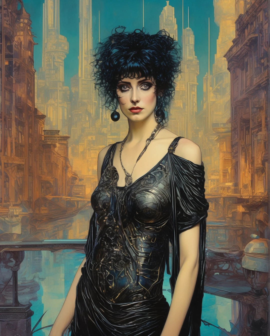 Lawrence Alma Tadema Style - high resolution art nouveau painting with a 80s, 1girl, goth, siouxsie, michelle pffifer, cyberpunk, futuristic city background, 80s movie poster art style,