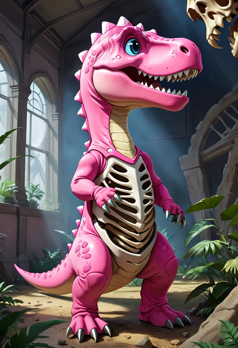 masterpiece,Highest quality,A  wearing a cute pink dinosaur costume is looking up at a dinosaur skeleton, whole body,