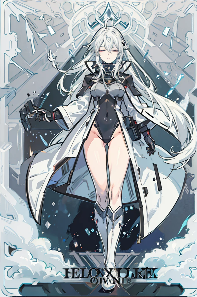 ((Pixiv)),(masterpiece_portrait),(Color Field),(Cyberpunk),(Full Metal Panic),(10s-anime-aesthetic), 1girl, light smile, curvy, large breasts, sharp face, spiked_hair, two-tone hair, white hair, gray hair, hair between eyes, very_long_hair, half closed eyes, sky blue eyes, Closed mouth, reaching out, cowboy shot, Standing, Clenched_hand, Black leotard, Over-kneehighs, White Overcoat, capelet, high_heel_boots