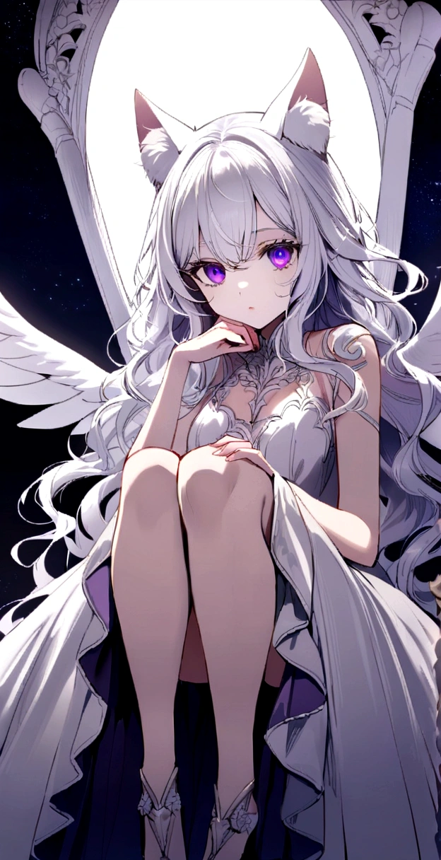 ,Long wavy hair that reaches the knees,White hair is very attractive, Detailed and precise manual work, Attractive girl, White cat ears,Purple eyes and white eyelashes,Big angel wings,A subject that stands out against the dark night sky, White Dress, 