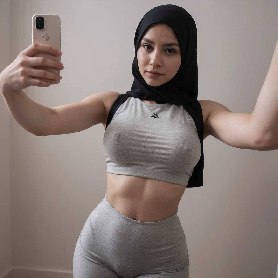 A milf wearing a hijab, Wear tight Croptop, selfie poses, blank background