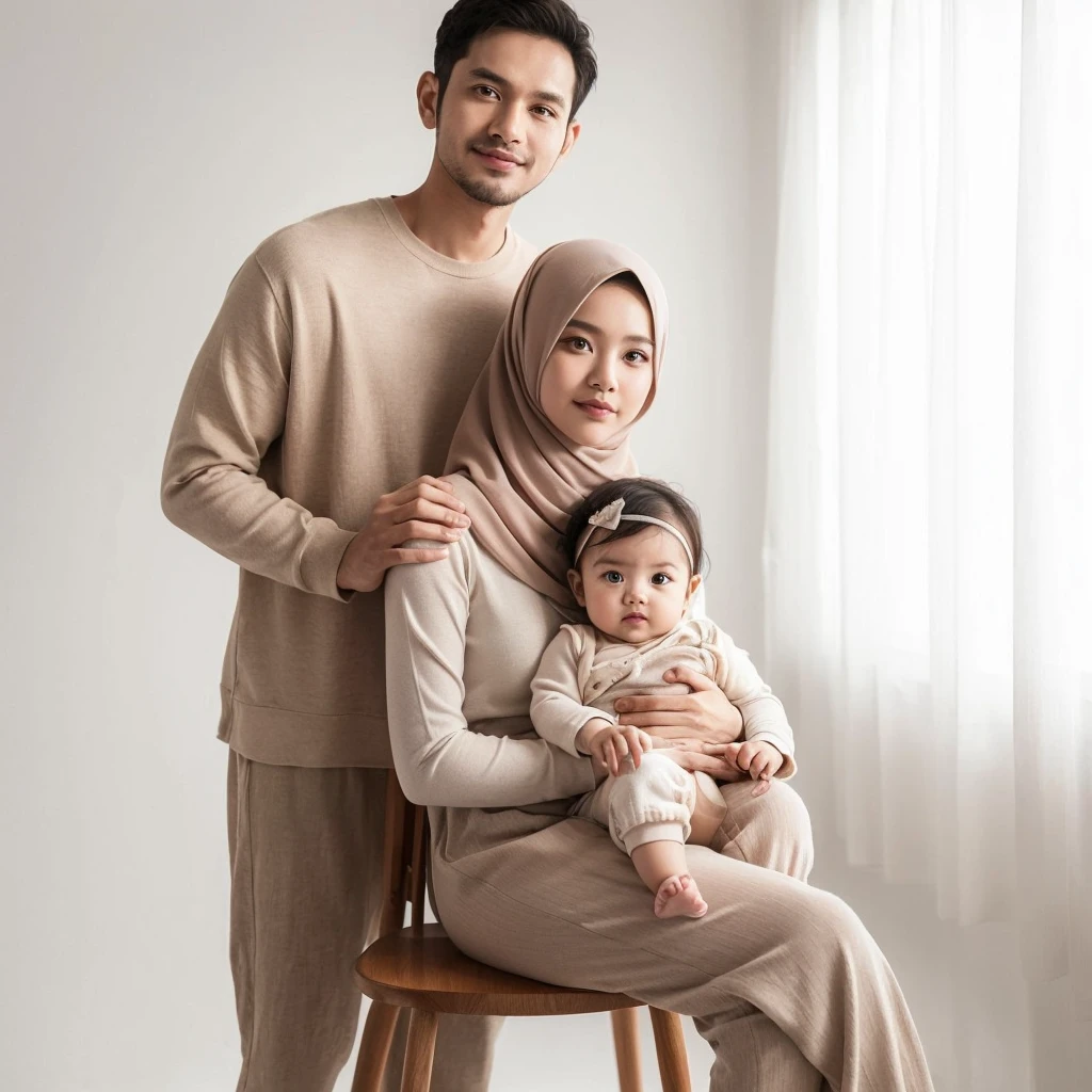 Indoor portrait, Indonesian couple, a man age 30 short cuthair, a 25 women with hiijab, and a baby girl aged . hug pose, both wearing casual crem outfits, a man is standing and woman siting on tall wood chair, backround blue studio photo, minimalist decoration, fresh color, 8k resolution