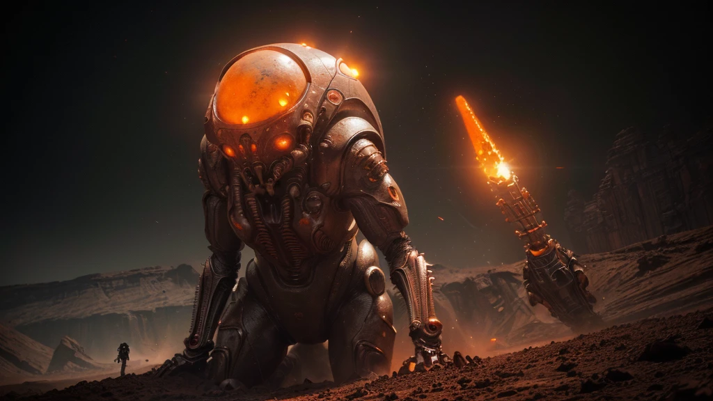 (((EATING A MOLE OF COMBAT))), ((CARVED STEEL, IMPOSSIBLE), (FORCED PERSPECTIVE DRONE VIEW OF Disgusting Alien Biology Biomechanical ALIEN Creatures) biomechanical alien, unknown, extraterrestrial biology on unknown planet, HEAVY atmosphere with dust particles suspended in the air red - orange WITH SULFUR, (((cinematic lighting, VERY HIGH 4K RESOLUTION)))