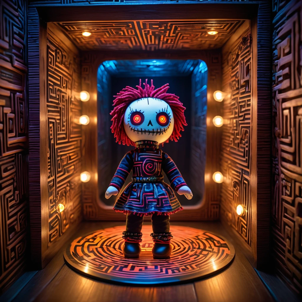 (knitted toy voodoo doll:1.7), (Voodoo in a Mirror Maze:1.3), (Clothing: maze explorer outfit with glowing mirror patterns:1.0), (Accessories: enchanted mirror emitting sparks of reflection magic, levitating maze map:1.1), (background: mystical mirror maze with floating mirrors, glowing pathways, and spectral reflections:1.2), best quality, masterpiece, detailed soft oil painting, detailed background, dramatic cinematic lighting, soft edge lighting, professional, dramatic lighting, hard edge lighting, ultra quality, 4k, masterpiece, best quality, 8k, ultra high definition, high resolution, extremely detailed