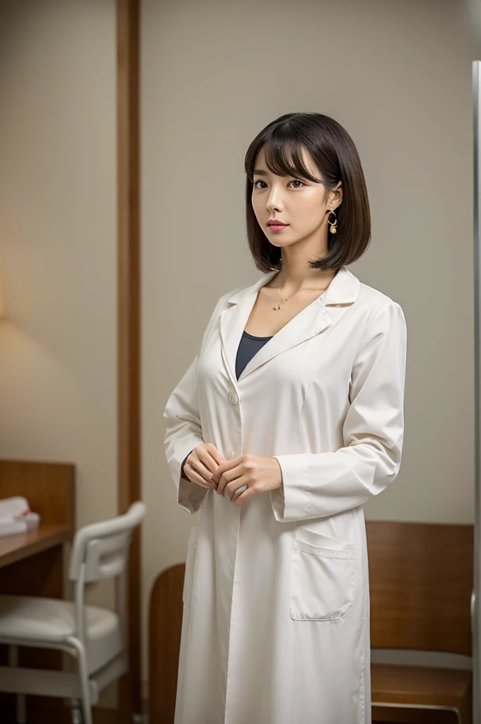 Hospital examination room, female doctor, ((full body)), ((photo)), ((best qualtiy, 8K, tmasterpiece: 1.3)), Focus: 1.2, perfect figure beautiful woman: 1.4, 1woman, cowboy shot, look at viewer, eyes facing the camera, incredibly absurd, beautiful and cute woman with a photorealistic face, showcasing top-quality craftsmanship, Japanese woman examining in a hospital examination room, 29 years old, hairstyle is a straight bob with long bangs, glossy black hair parted in the middle, thick and voluminous, elegant, fair and clear skin, large brown eyes, cool expression, long eyelashes, neat eyebrows, high nose, thin lips, natural complexion, fine skin, oval face, plump cheeks, long neck, small ears, beautiful nape, tall, slender, delicate, muscular and thin, slim frame, long and slender limbs, long fingers, large breasts of E cup, dressed as a doctor in a white coat, high heeled pumps, natural makeup, gold necklace, small earrings, watch on left arm, pretty older woman, beautiful, neat, cute voice, calm, gentle, responsible, professional, studious, kind, October