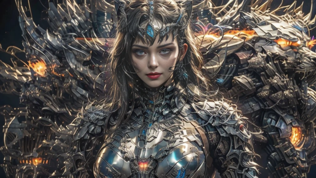 Un primer plano de una mujer con un traje futurista con una espada, hermosa sacerdotisa cyborg, retrato de una reina cyborg, portrait beautiful science fiction girl, cyberpunk robotic elvish queen, diosa cyborg en el cosmos, Hyper-detailed fantasy character, science fiction woman, renderizado de motor irreal + una diosa, karol bak uhd, science fiction android woman