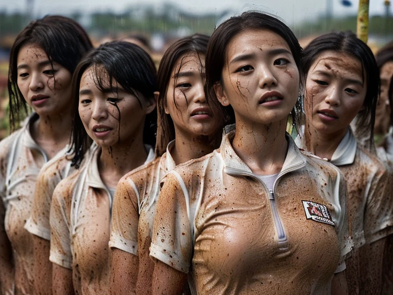 (A plain white short sleeved dirt stained field hockey uniform with a very tight white half zip:1.7)、(A large, dirt-stained, white, square collar: 1.6)、(Red clay ground:1.5)、My hair is wet and messy、(Beautiful Japanese woman covered in dirt:2.4)、Highest quality, masterpiece, Ultra-high resolution, Photorealistic, Raw Photos,Detailed face,(Muscular woman:1.4), (Fastener open: 1.8), (Upper body zoom up:1.0),(Everyone wears the same clothes:1.0), All members are super beauties, (Beautiful Japanese women lined up in orderly fashion: 1.7), (Hair tied up: 1.4), (Gentle expression:2.1), Bright photo, (My whole body is drenched in rain: 1.7), (Covered in mud and earth: 1.5)