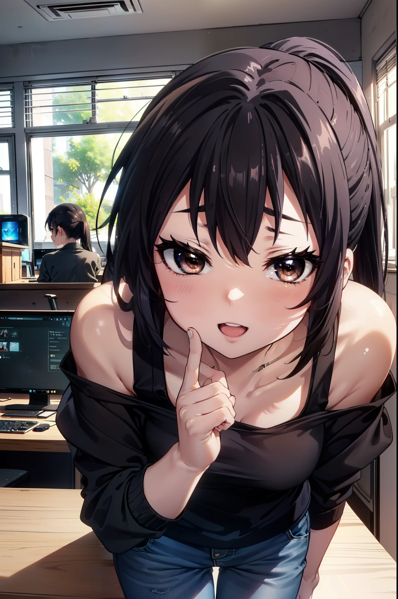 meet, Azusa Nakano, Black Hair, (Brown eyes:1.5), Long Hair, ponytail,Cold shoulder tops,Short sleeve,Skinny jeans,Stiletto heels,happy smile, smile, Open your mouth,interior,There is a computer on the table,Walking,So that the whole body goes into the illustration,昼間
break indoors, office,
break looking at viewer,
break (masterpiece:1.2), Highest quality, High resolution, unity 8k wallpaper, (figure:0.8), (Beautiful attention to detail:1.6), Highly detailed face, Perfect lighting, Highly detailed CG, (Perfect hands, Perfect Anatomy),