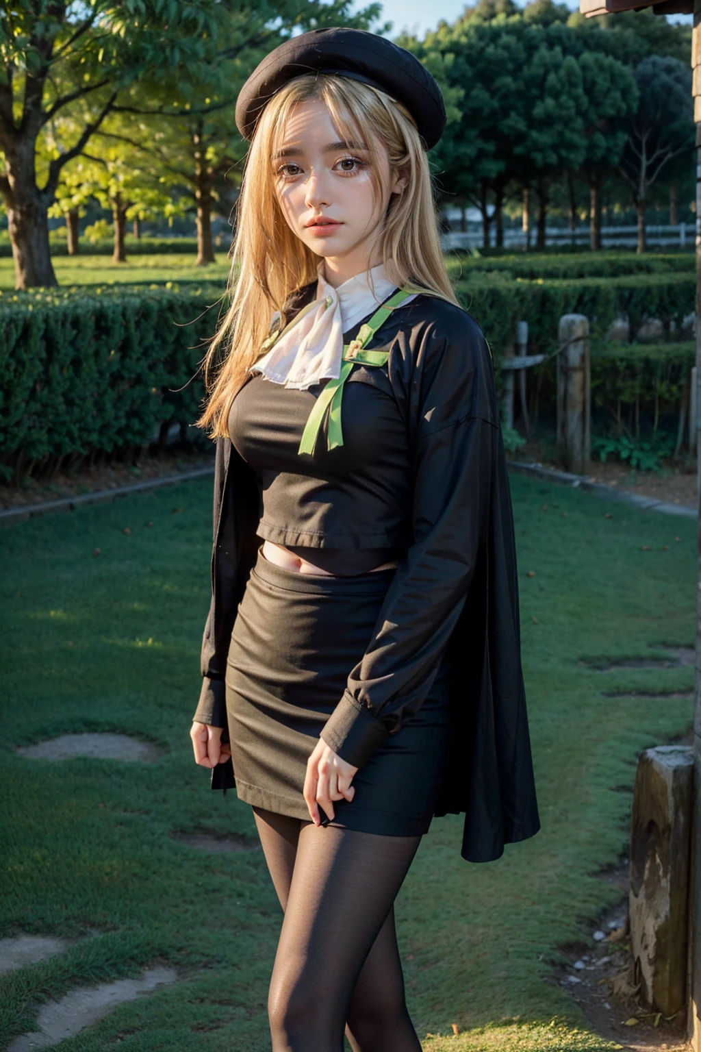 1 girl, best quality, ((Miyo)), tarankaaa, perfect face, beautiful smile, 30 years old, ((ascot, uniform, black skirt, cross, ribbon, gold blonde hair, emerald, beret, cape, pantyhose, shirt covering hips, shirt ends in hips)), ((perfectly drawn hands)), perfect body, bare tree, bush, fog, forest, grass, nature, outdoors, plant, scenery, solo, standing, tree, 32k photograph, ((perfect eyes, detailed eyes,realistic eyes)), ((sharp face, detailed face, realistic face, natural skin, realistic skin, detailed skin, pores)), full body, tone mapping, asian-european, ((masterpiece)), ((highres)), ((detailed background)), japanese village background, night, big proportions,